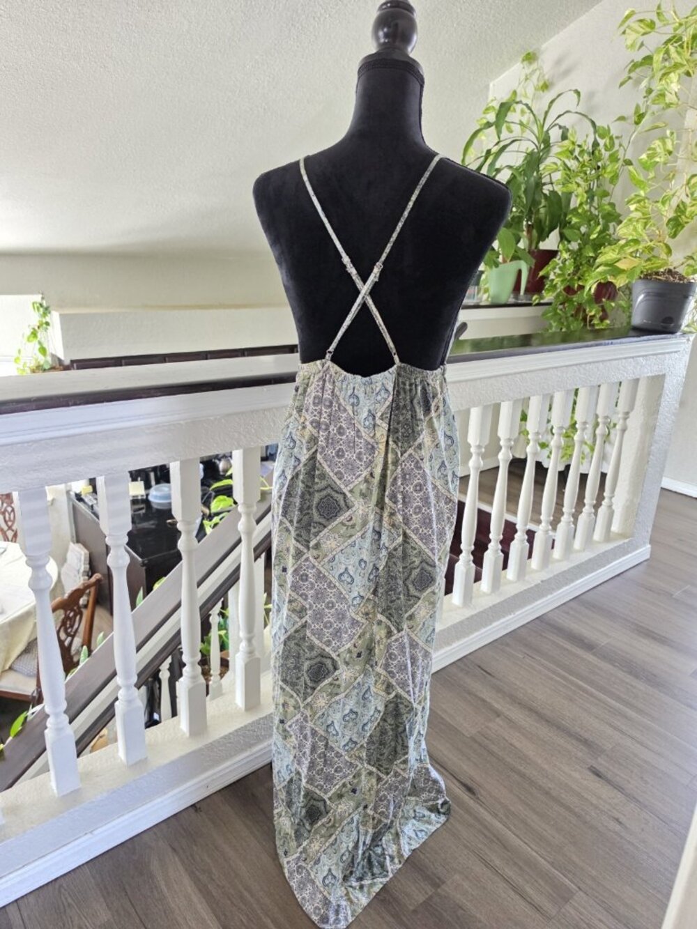 Inspired Hearts Green/Blue Paisley Rayon Maxi Dress V-Neck Spaghetti Strap Large - Picture 7 of 7
